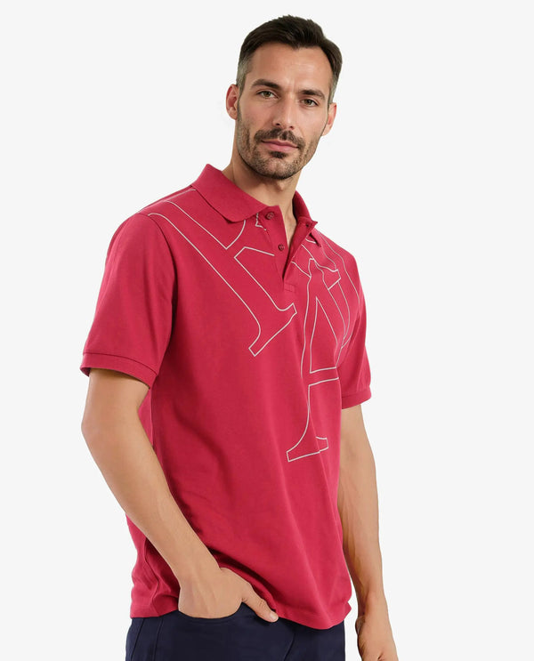 Rare Rabbit Men Daryl Red Cotton Blend Fabric Short Sleeve Regular Collar Placement Typography Print Polo
