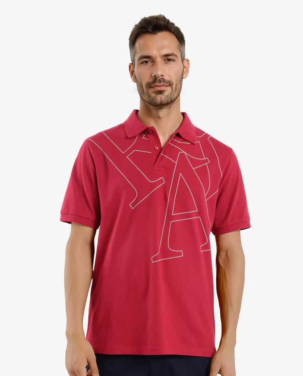 Rare Rabbit Men Daryl Red Cotton Blend Fabric Short Sleeve Regular Collar Placement Typography Print Polo