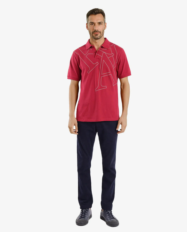 Rare Rabbit Men Daryl Red Cotton Blend Fabric Short Sleeve Regular Collar Placement Typography Print Polo