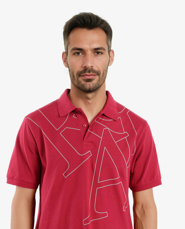 Rare Rabbit Men Daryl Red Cotton Blend Fabric Short Sleeve Regular Collar Placement Typography Print Polo