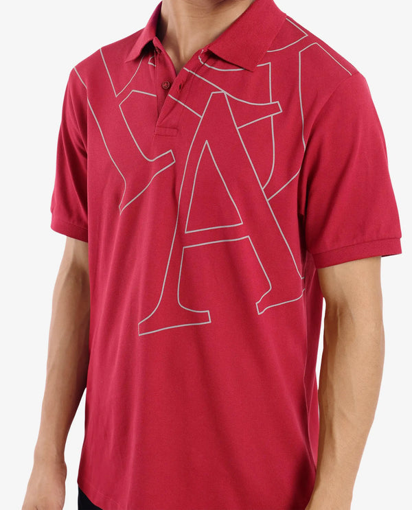 Rare Rabbit Men Daryl Red Cotton Blend Fabric Short Sleeve Regular Collar Placement Typography Print Polo