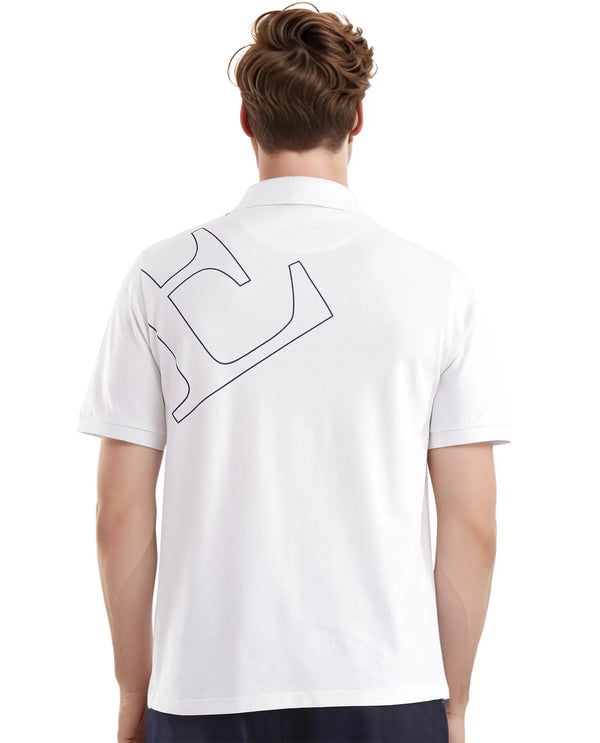 Rare Rabbit Men Daryl White Cotton Blend Fabric Short Sleeve Regular Collar Placement Typography Print Polo