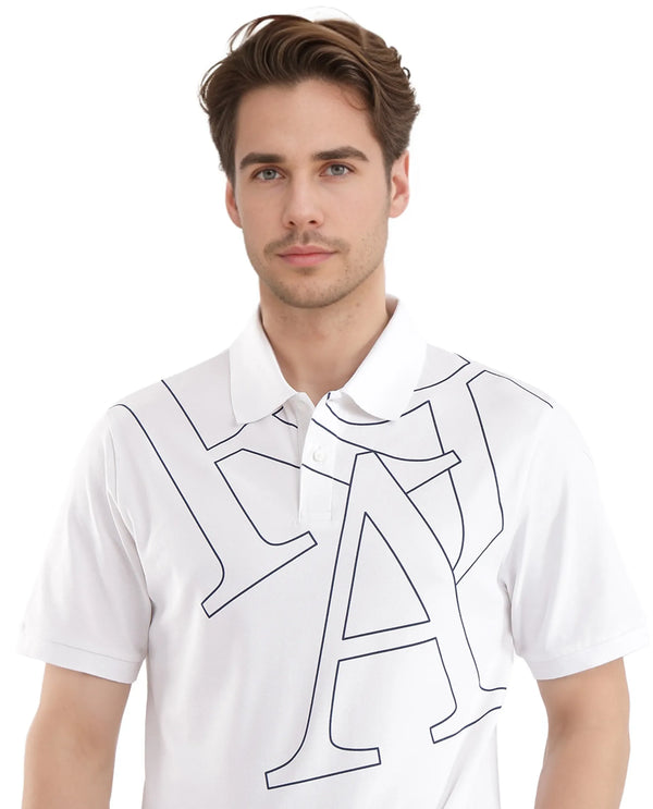 Rare Rabbit Men Daryl White Cotton Blend Fabric Short Sleeve Regular Collar Placement Typography Print Polo