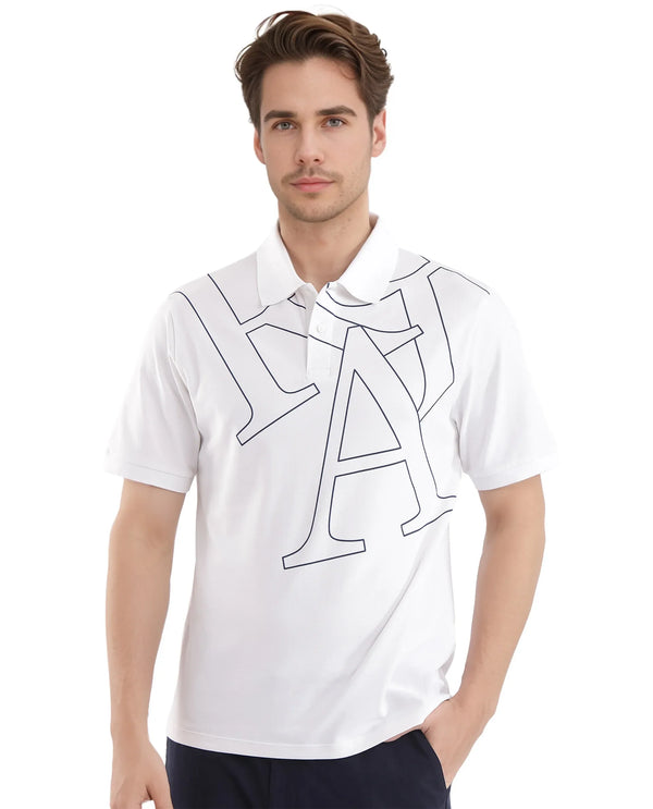 Rare Rabbit Men Daryl White Cotton Blend Fabric Short Sleeve Regular Collar Placement Typography Print Polo
