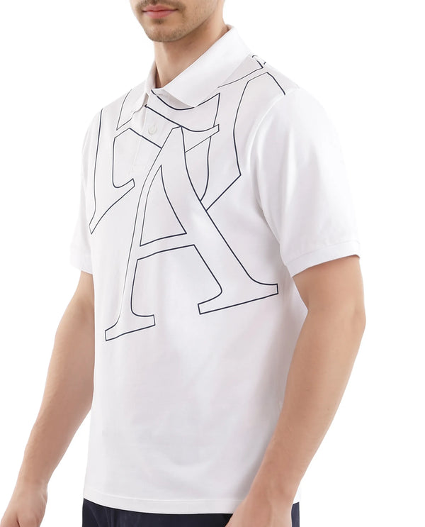 Rare Rabbit Men Daryl White Cotton Blend Fabric Short Sleeve Regular Collar Placement Typography Print Polo