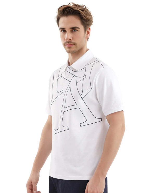 Rare Rabbit Men Daryl White Cotton Blend Fabric Short Sleeve Regular Collar Placement Typography Print Polo