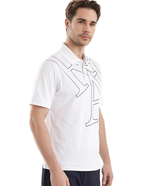 Rare Rabbit Men Daryl White Cotton Blend Fabric Short Sleeve Regular Collar Placement Typography Print Polo