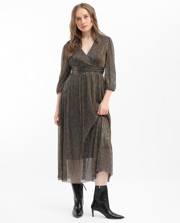 Rareism Women's Daso Metalic Gold Polyester Fabric Overlap Neck  Balloon Sleeve Shimmer Fit And Flare Midi Dress