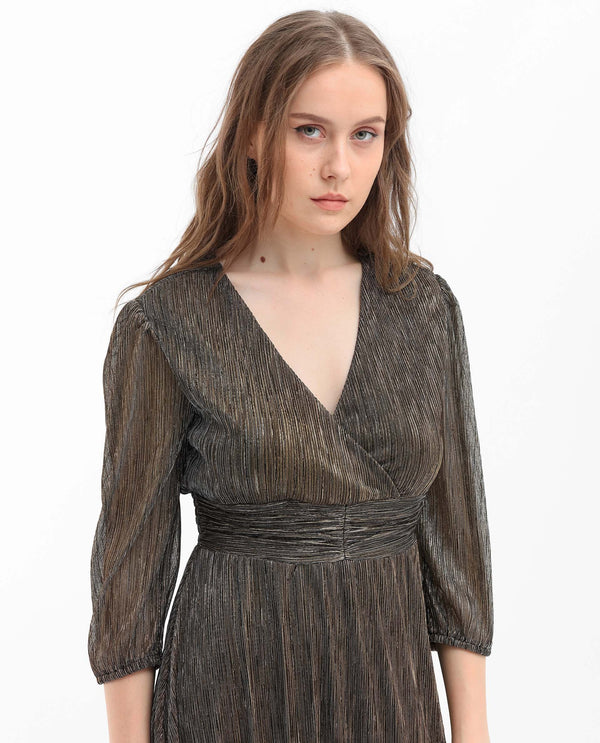 Rareism Women's Daso Metalic Gold Polyester Fabric Overlap Neck  Balloon Sleeve Shimmer Fit And Flare Midi Dress