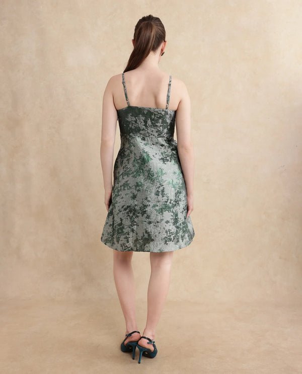 Rareism Women Davao Metallic Green Viscose Fabric Sleeveless Shoulder Straps Zipper Closure Fit And Flare Knee Length Jacquard Dress
