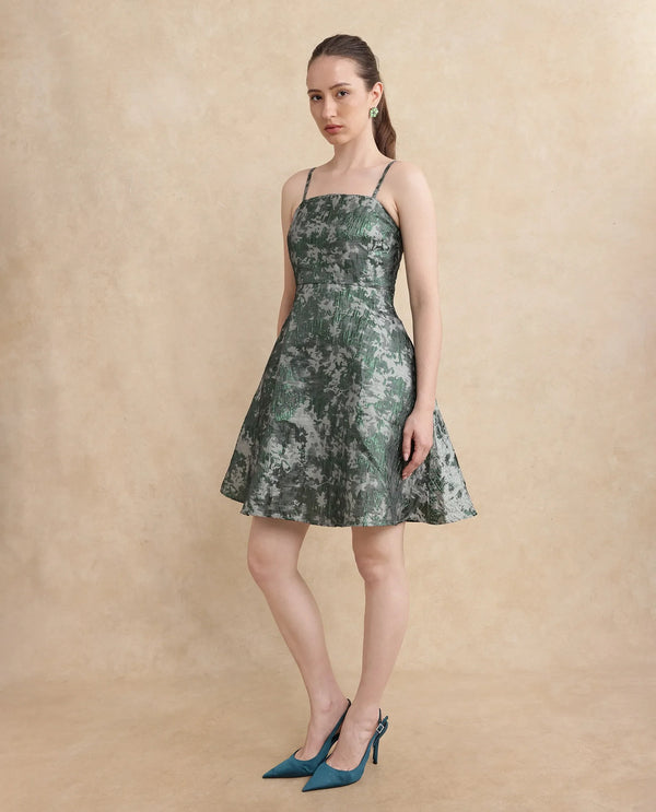 Rareism Women Davao Metallic Green Viscose Fabric Sleeveless Shoulder Straps Zipper Closure Fit And Flare Knee Length Jacquard Dress