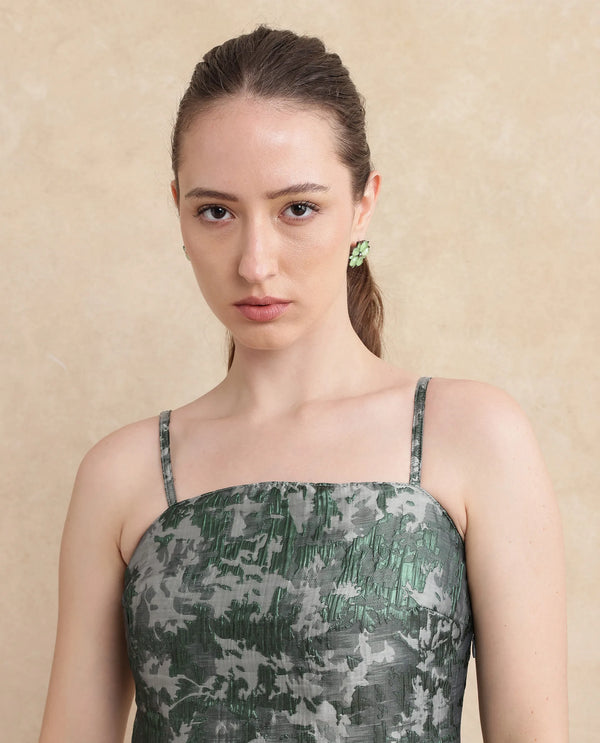 Rareism Women Davao Metallic Green Viscose Fabric Sleeveless Shoulder Straps Zipper Closure Fit And Flare Knee Length Jacquard Dress