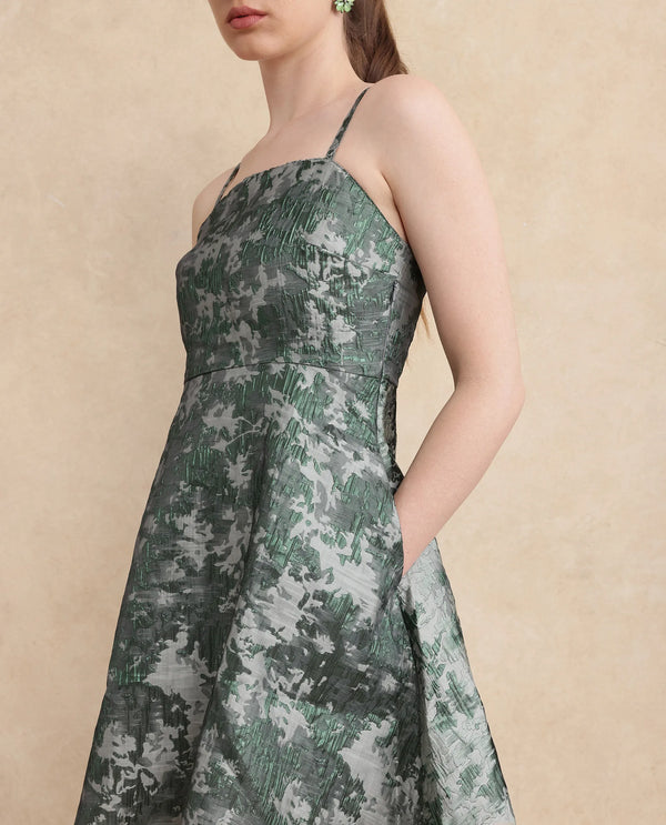 Rareism Women Davao Metallic Green Viscose Fabric Sleeveless Shoulder Straps Zipper Closure Fit And Flare Knee Length Jacquard Dress