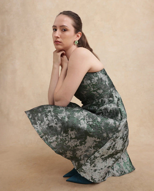 Rareism Women Davao Metallic Green Viscose Fabric Sleeveless Shoulder Straps Zipper Closure Fit And Flare Knee Length Jacquard Dress