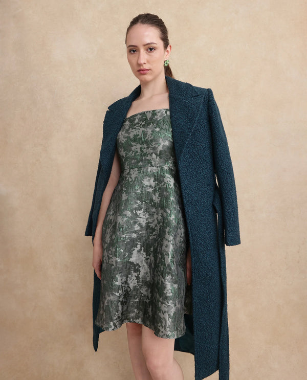 Rareism Women Davao Metallic Green Viscose Fabric Sleeveless Shoulder Straps Zipper Closure Fit And Flare Knee Length Jacquard Dress