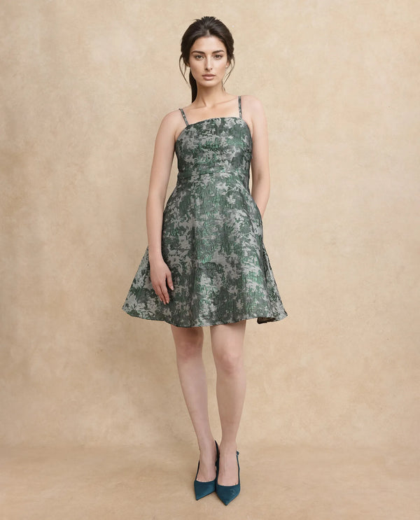 Rareism Women Davao Metallic Green Viscose Fabric Sleeveless Shoulder Straps Zipper Closure Fit And Flare Knee Length Jacquard Dress