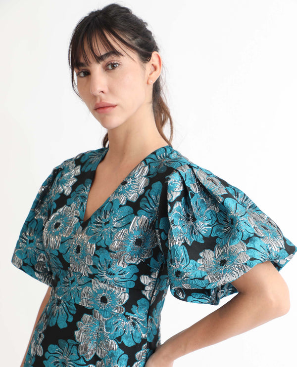 Rareism Women Daveth Metallic Blue Floral Print V Neck Puffed Short Sleeves Mini Dress