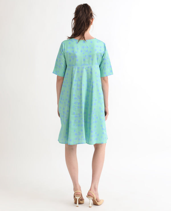 Rareism Women Davidson Dusky Green Cotton Fabric Short Sleeves Over Lap Flared Fit Polka Short Empire Dress