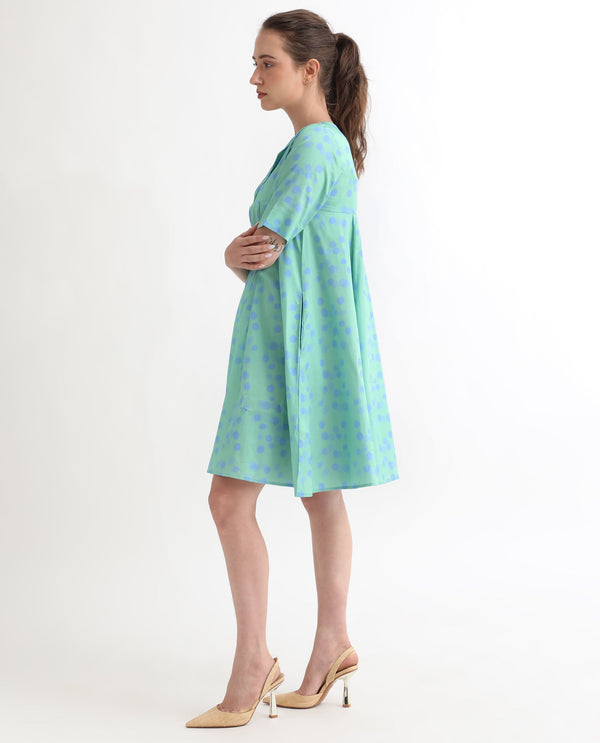 Rareism Women Davidson Dusky Green Cotton Fabric Short Sleeves Over Lap Flared Fit Polka Short Empire Dress