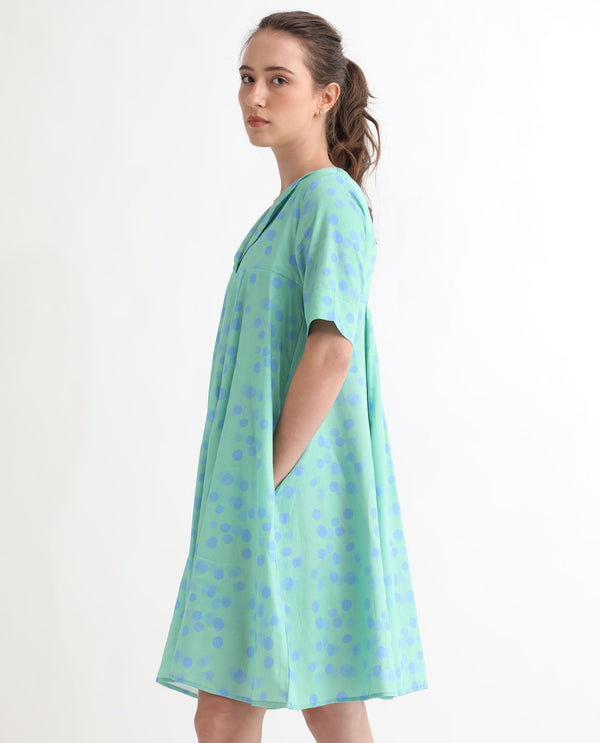 Rareism Women Davidson Dusky Green Cotton Fabric Short Sleeves Over Lap Flared Fit Polka Short Empire Dress