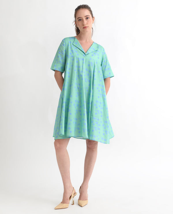 Rareism Women Davidson Dusky Green Cotton Fabric Short Sleeves Over Lap Flared Fit Polka Short Empire Dress