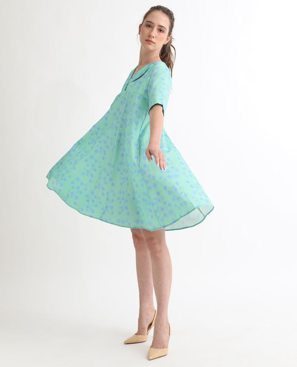 Rareism Women Davidson Dusky Green Cotton Fabric Short Sleeves Over Lap Flared Fit Polka Short Empire Dress