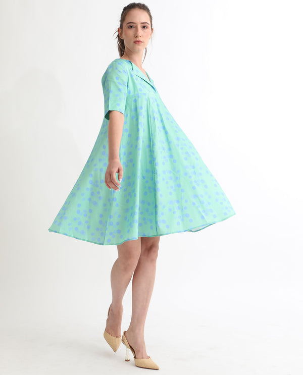 Rareism Women Davidson Dusky Green Cotton Fabric Short Sleeves Over Lap Flared Fit Polka Short Empire Dress