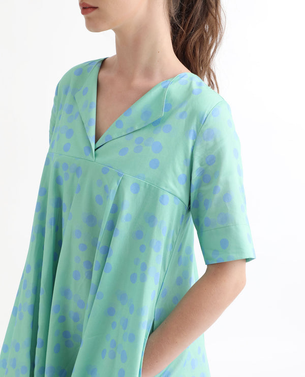 Rareism Women Davidson Dusky Green Cotton Fabric Short Sleeves Over Lap Flared Fit Polka Short Empire Dress
