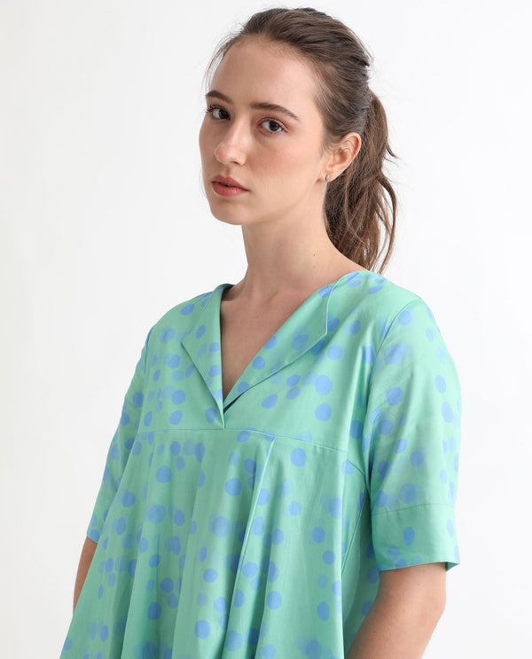 Rareism Women Davidson Dusky Green Cotton Fabric Short Sleeves Over Lap Flared Fit Polka Short Empire Dress