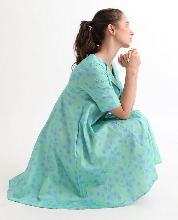 Rareism Women Davidson Dusky Green Cotton Fabric Short Sleeves Over Lap Flared Fit Polka Short Empire Dress