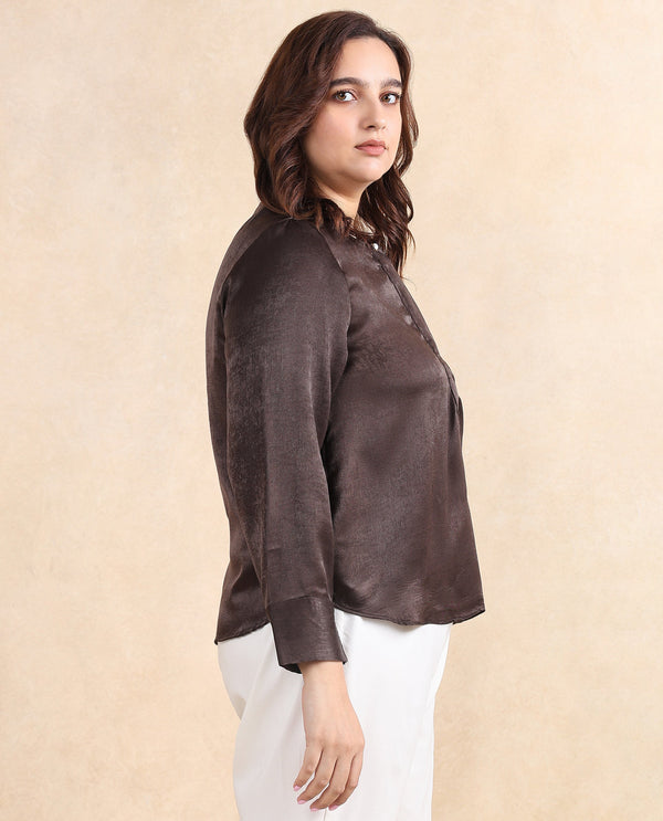 Rareism Women Daxzo Brown Velvet Regular Sleeves Round Neck Button Closure Relaxed Fit Plain Top