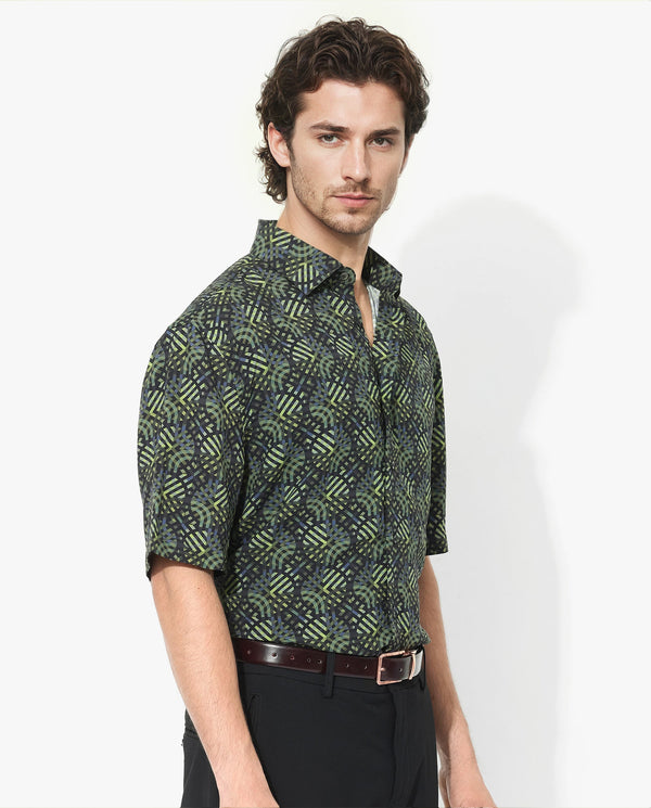 Rare Rabbit Men's Deaton Black Viscose Fabric Half Sleeves Regular Fit Geometric Print Shirt