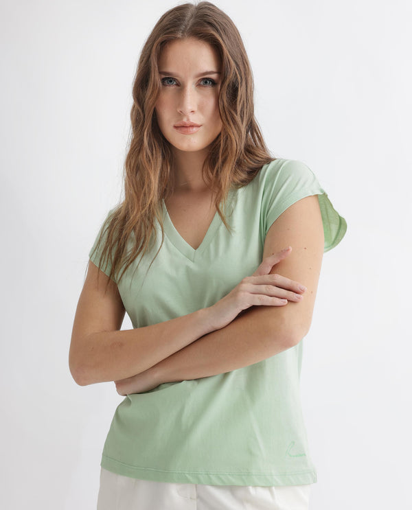 Rareism Women Debra Green Cotton Fabric Regular Fit Half Sleeves Solid Crew Neck T-Shirt
