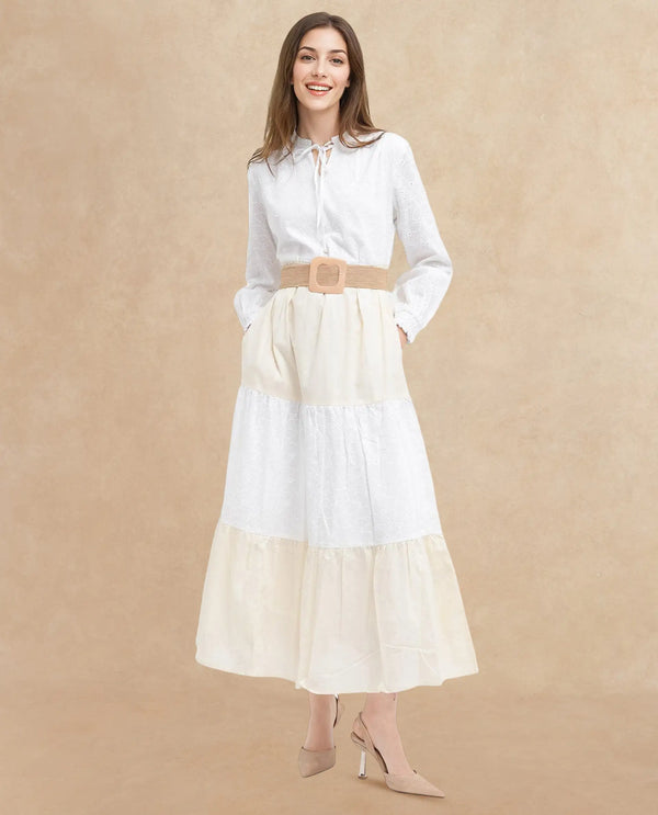 Rareism Women Deccan Beige Cotton Full Sleeve Collared Maxi Dress