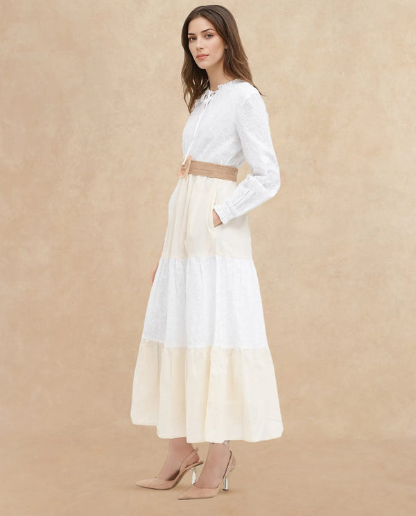 Rareism Women Deccan Beige Cotton Full Sleeve Collared Maxi Dress