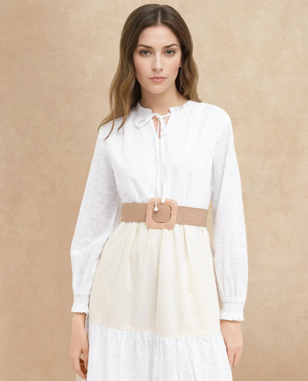 Rareism Women Deccan Beige Cotton Full Sleeve Collared Maxi Dress