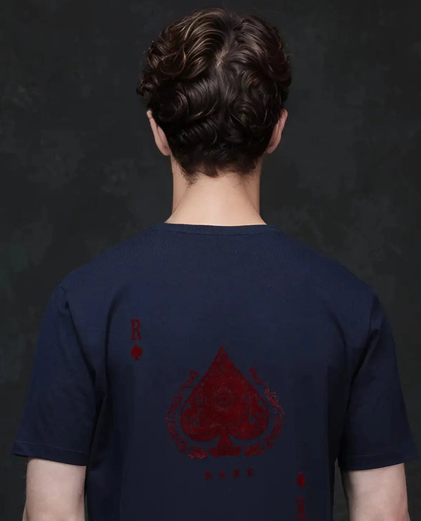 Rare Rabbit Men Deck Navy Cotton Blend Fabric Short Sleeve Crew Neck Regular Fit Flock Backprint T-Shirt