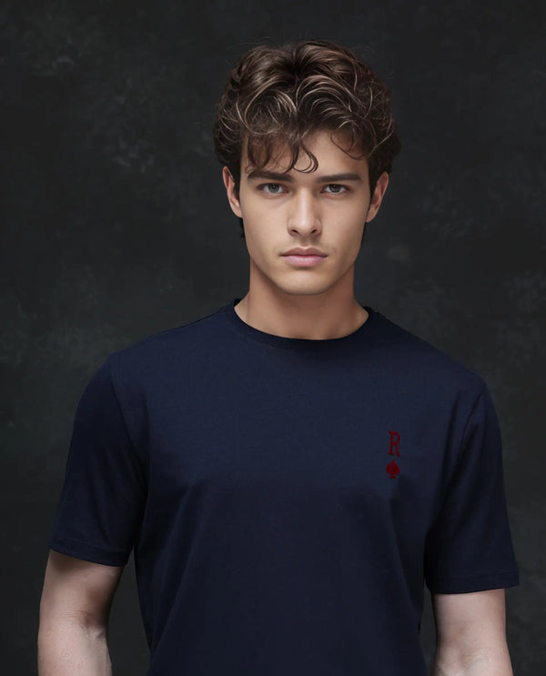 Rare Rabbit Men Deck Navy Cotton Blend Fabric Short Sleeve Crew Neck Regular Fit Flock Backprint T-Shirt