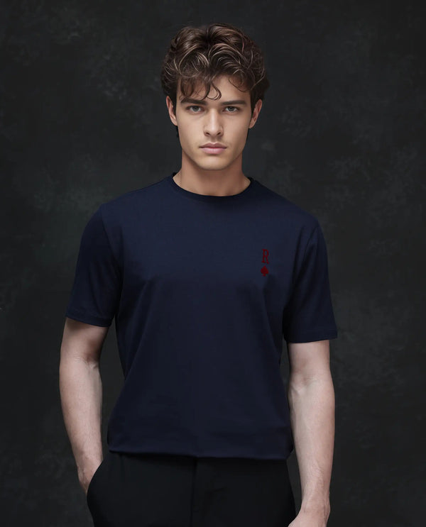 Rare Rabbit Men Deck Navy Cotton Blend Fabric Short Sleeve Crew Neck Regular Fit Flock Backprint T-Shirt