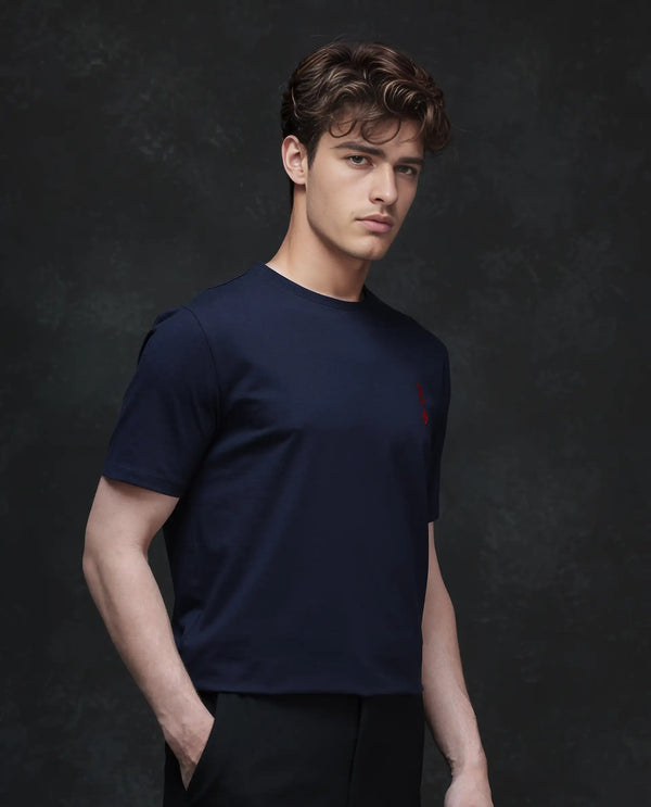 Rare Rabbit Men Deck Navy Cotton Blend Fabric Short Sleeve Crew Neck Regular Fit Flock Backprint T-Shirt