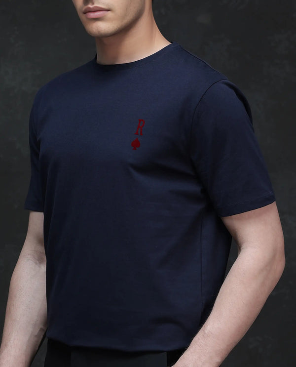 Rare Rabbit Men Deck Navy Cotton Blend Fabric Short Sleeve Crew Neck Regular Fit Flock Backprint T-Shirt
