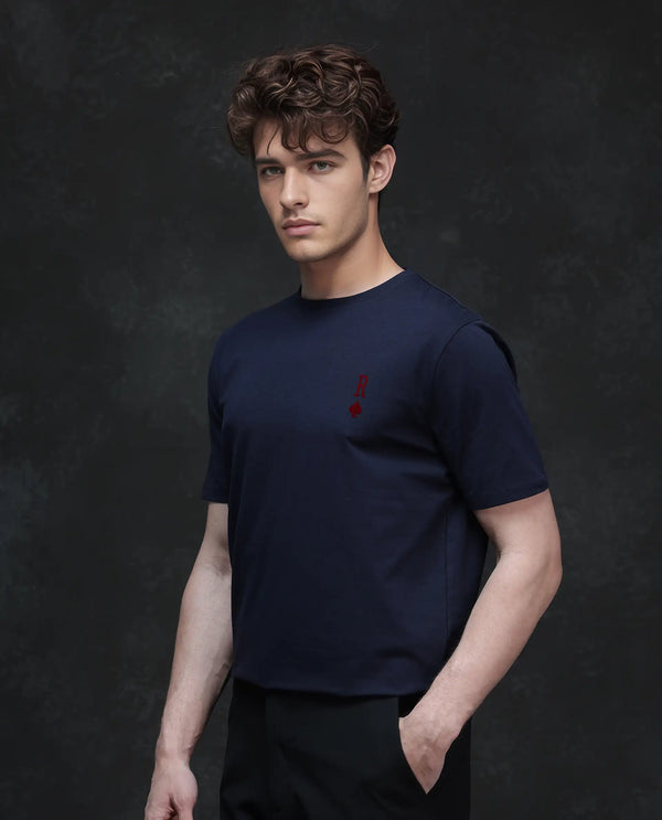 Rare Rabbit Men Deck Navy Cotton Blend Fabric Short Sleeve Crew Neck Regular Fit Flock Backprint T-Shirt
