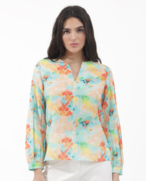 Rareism Women'S Deimos Flouroscent Multi Linen Fabric Full Sleeve V-Neck Button Closure Geometric Print Regular Fit Top