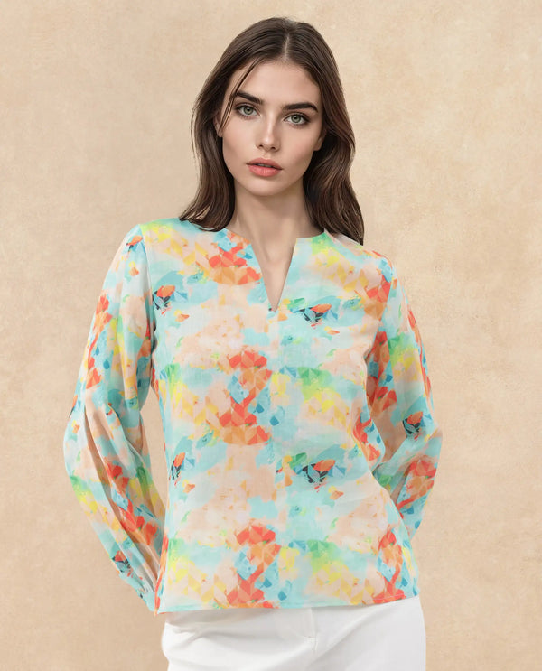 Rareism Women Deimos-SC Flouroscent Multi Linen Fabric Full Sleeve V-Neck Button Closure Geometric Print Regular Fit Top