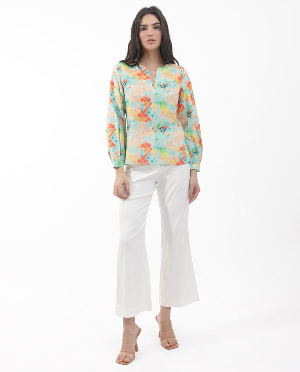 Rareism Women'S Deimos Flouroscent Multi Linen Fabric Full Sleeve V-Neck Button Closure Geometric Print Regular Fit Top