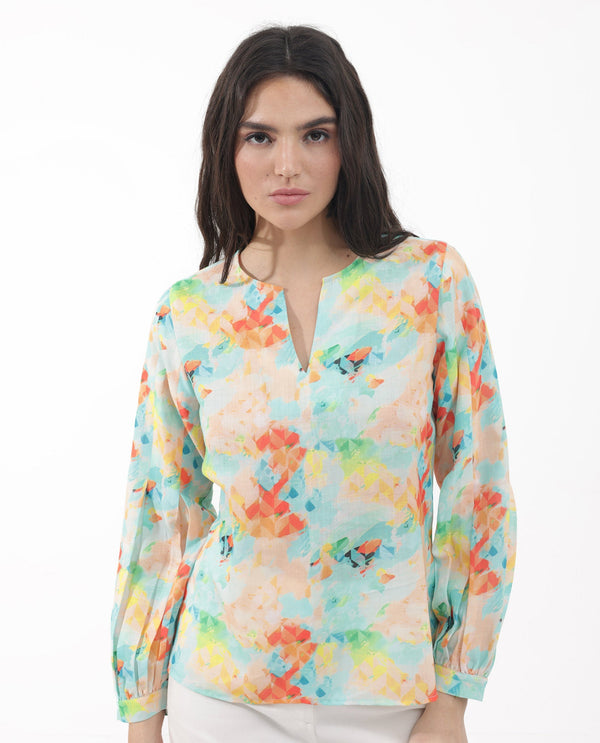 Rareism Women'S Deimos Flouroscent Multi Linen Fabric Full Sleeve V-Neck Button Closure Geometric Print Regular Fit Top