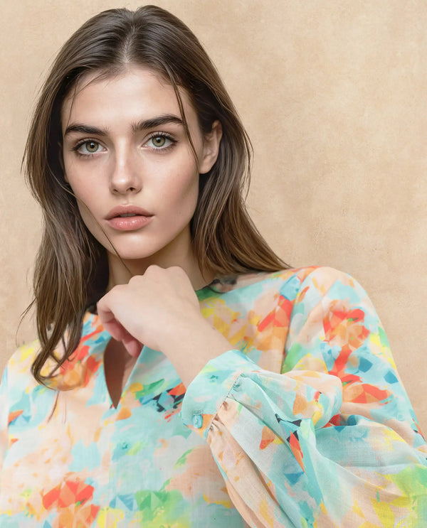 Rareism Women Deimos-SC Flouroscent Multi Linen Fabric Full Sleeve V-Neck Button Closure Geometric Print Regular Fit Top