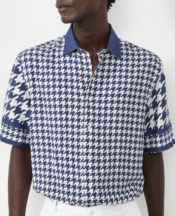 Rare Rabbit Men's Dejen Dark Blue Viscose Fabric Short Sleeve Boxy Fit Houndstooth Print Shirt