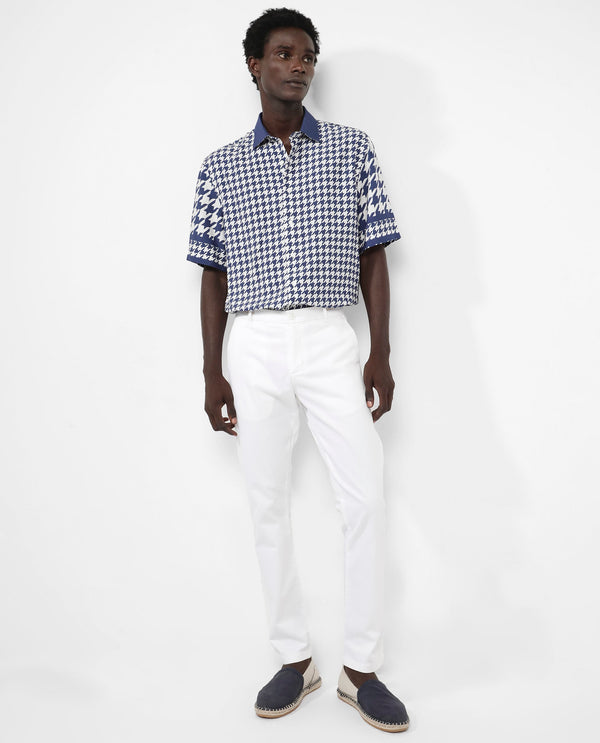 Rare Rabbit Men's Dejen Dark Blue Viscose Fabric Short Sleeve Boxy Fit Houndstooth Print Shirt