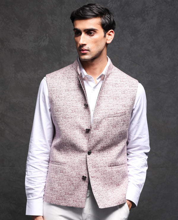Rare Rabbit Men's Delia Light Pink Mandarin Collar Abstract Jacquard Bandi